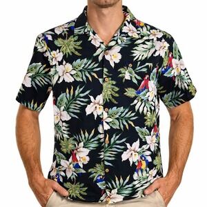 Evergreen Island Hawaiian Aloha Shirt Medium Macaws Parrots Tropical Flowers Blk